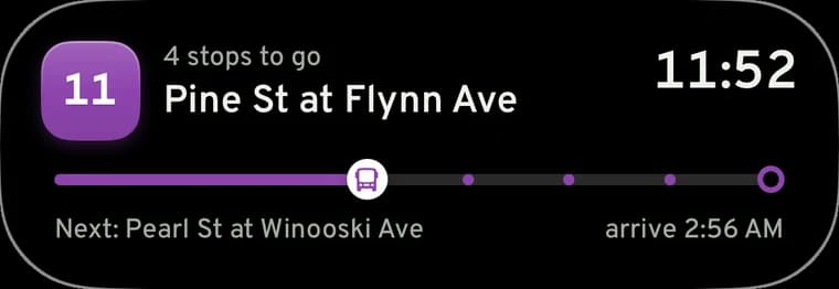Dynamic Island during a ride: 4 stops to go to Pine Street at Flynn Avenue, arriving 11:52