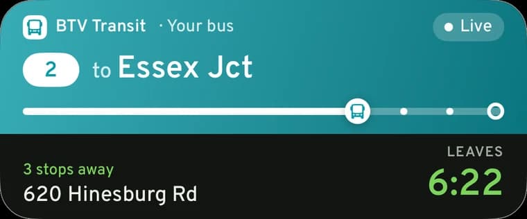 Lock Screen Live Activity: route 2 to Essex Junction, 3 stops away, leaves 6:22
