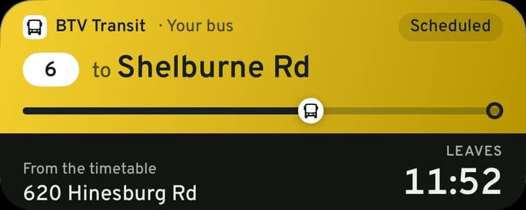Lock Screen Live Activity for a timetable bus: route 6 to Shelburne Road, leaves 11:52
