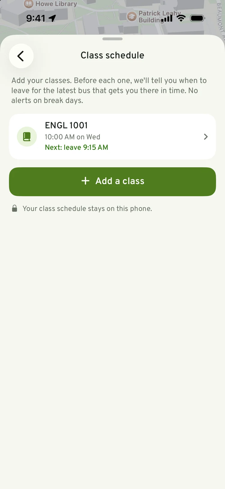 Class schedule with ENGL 1001 at 10:00 AM on Wednesday and the next leave time, 9:15 AM
