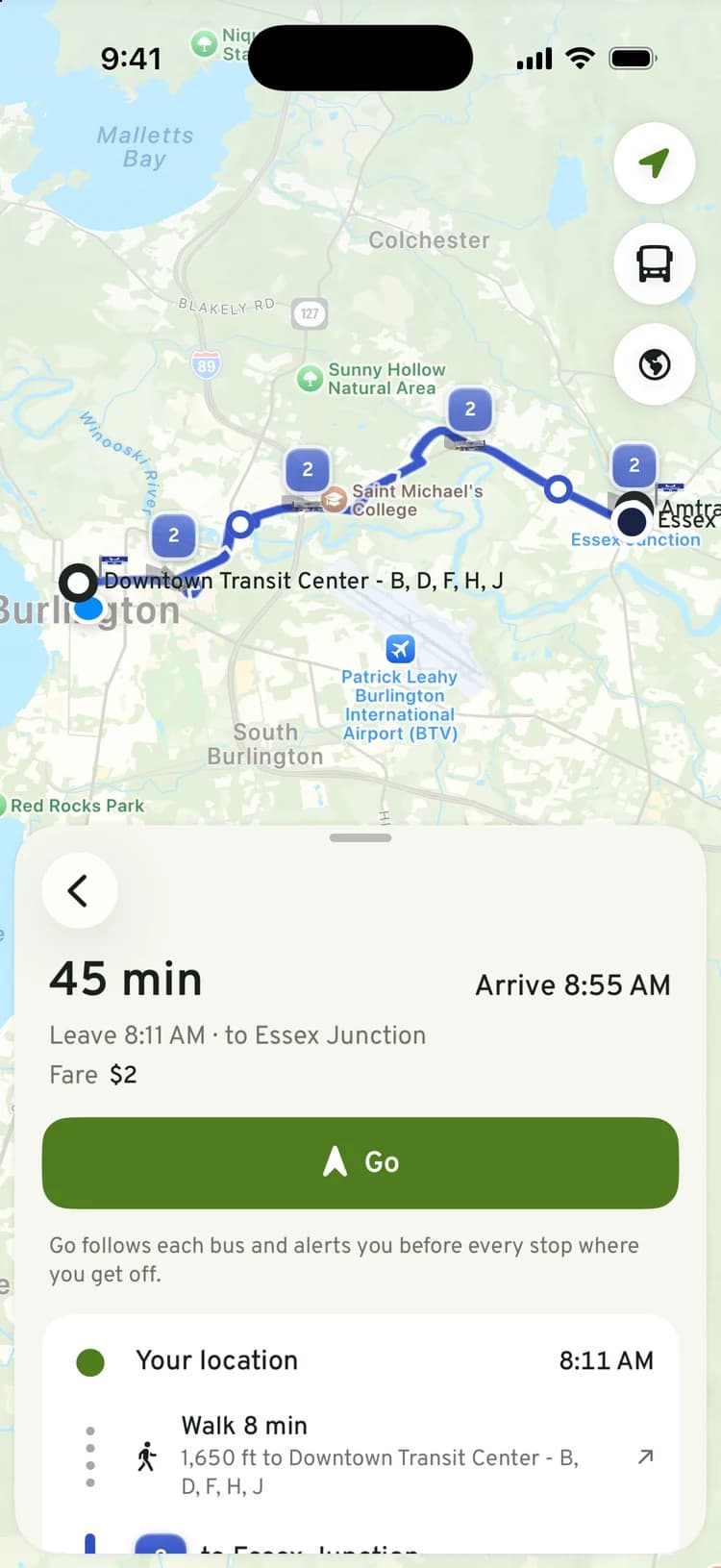 Trip plan to Essex Junction: 45 minutes, leave 8:11 AM, arrive 8:55 AM, fare $2, with a Go button