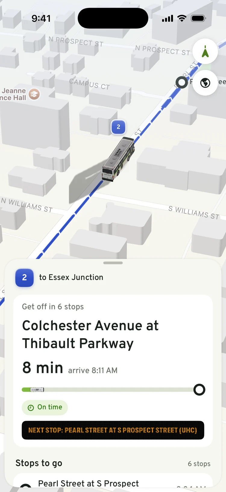 Ride screen on route 2: get off in 6 stops at Colchester Avenue, 8 minutes, next stop Pearl Street