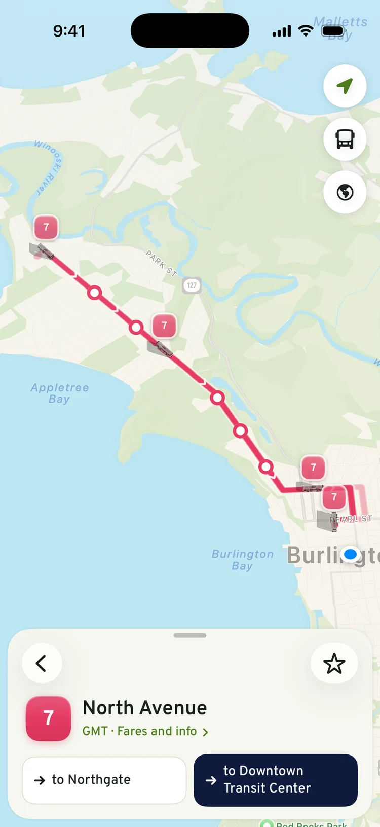 Route 7 North Avenue on the map in BTV Transit, with four buses along the line, each marked with its route number, between Burlington and Appletree Bay