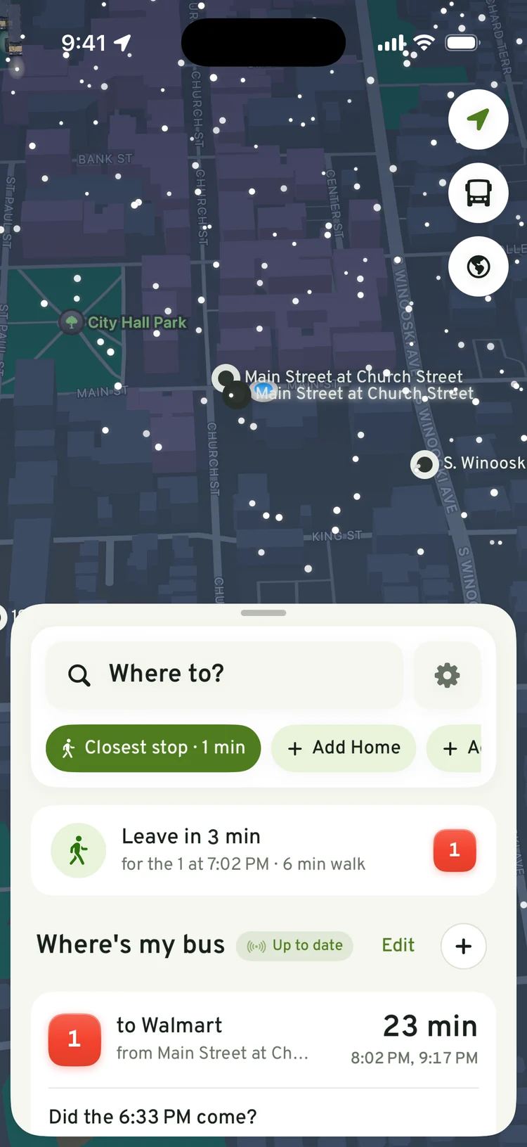 Home on a snowy evening: Leave in 3 minutes for the 7:02 PM bus, a 6-minute walk