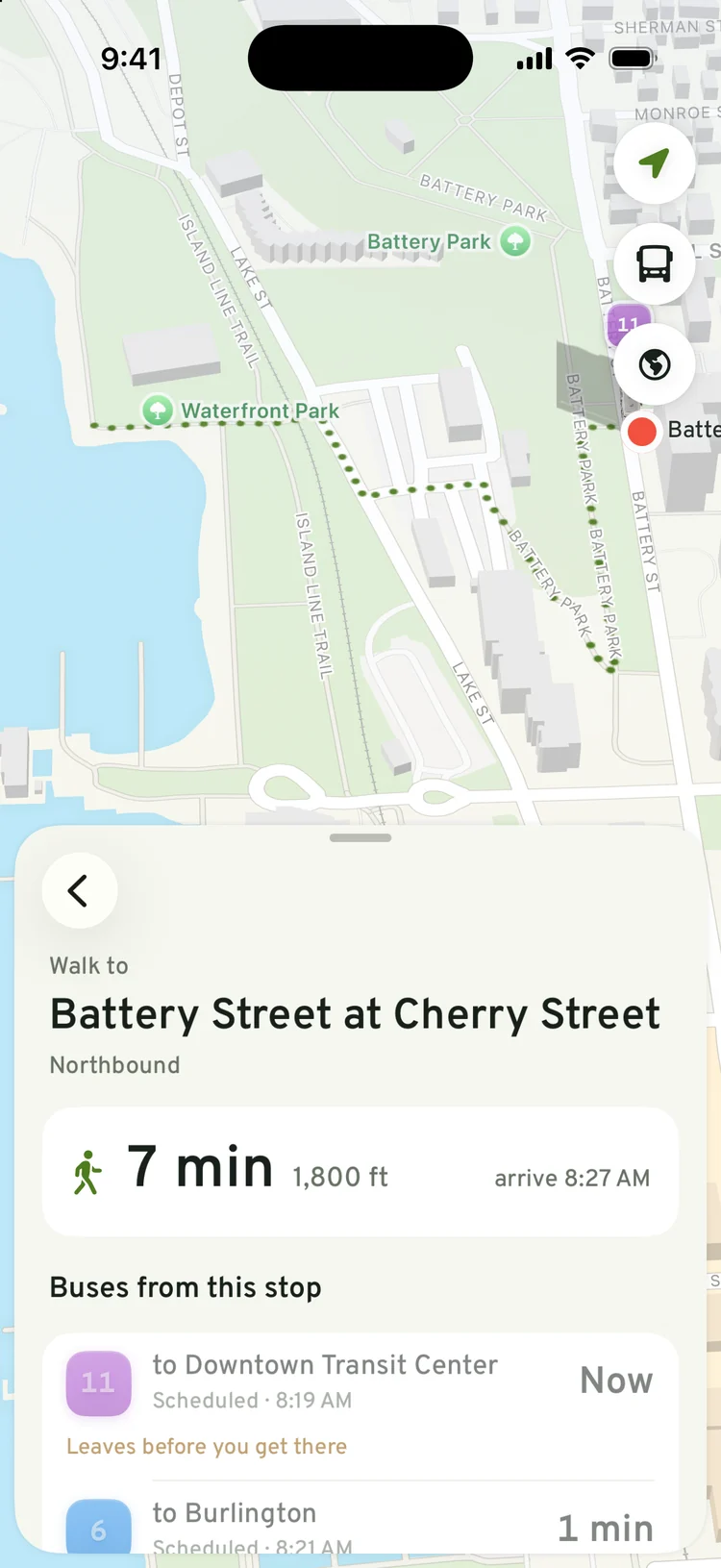 Walking directions to Battery Street at Cherry Street, 7 minutes, with the buses leaving from that stop