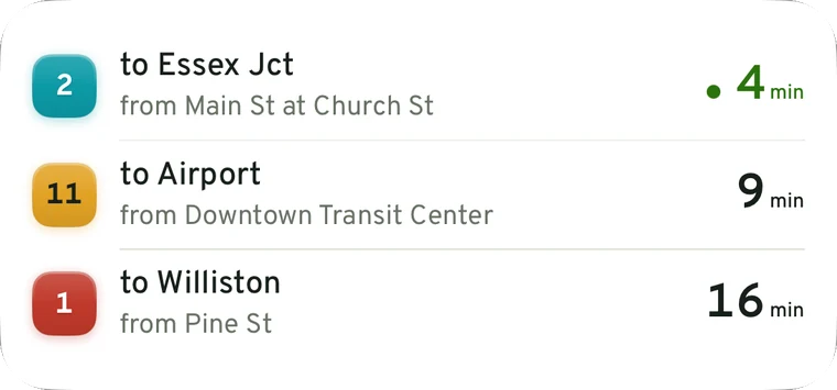 Medium Home Screen widget: route 2 to Essex Junction in 4 minutes, route 11 to the airport in 9, route 1 to Williston in 16