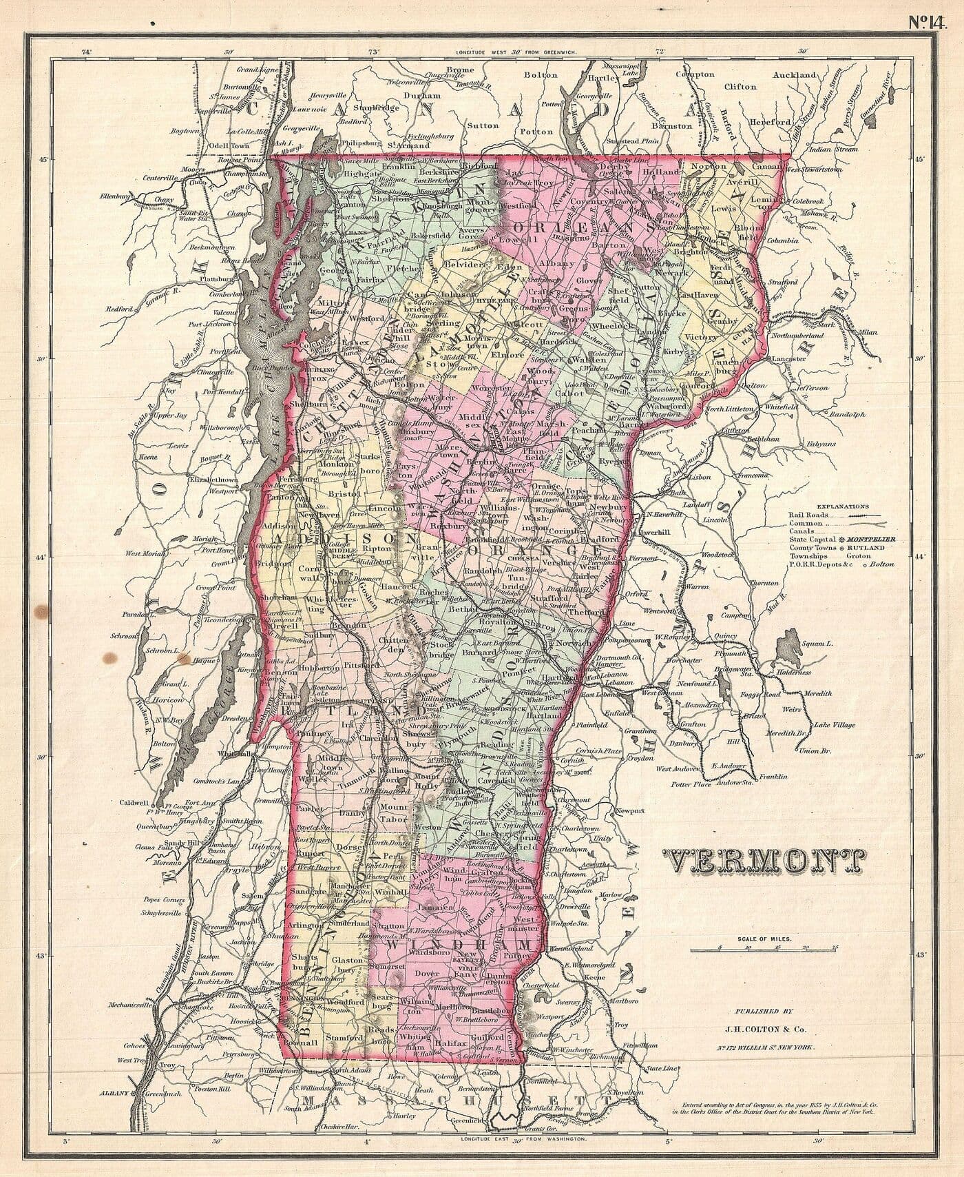 J. H. Colton’s 1857 map of Vermont, every county tinted, Lake Champlain along the west
