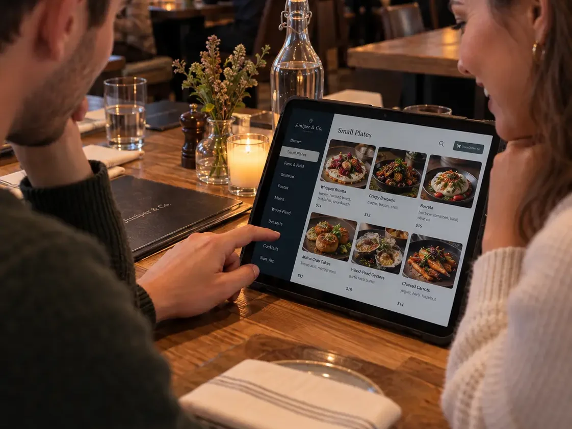A couple at a candlelit table; one points at a tablet showing a dinner menu of small plates, with photos of whipped ricotta, crispy Brussels sprouts and burrata.