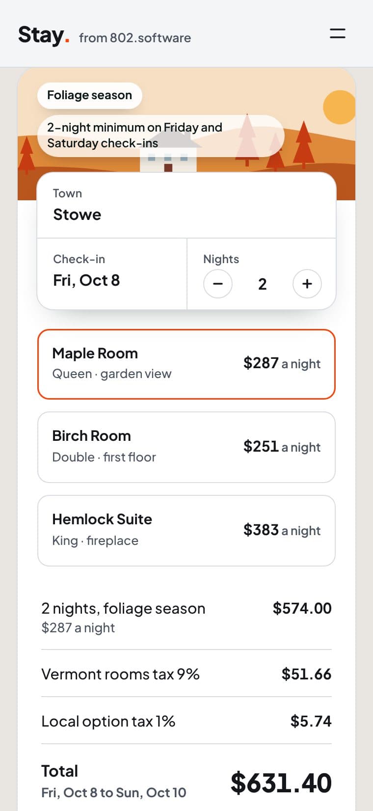 Stay quote on a phone: Maple Room in Stowe, two foliage-season nights, $631.40 with Vermont rooms tax and local option tax