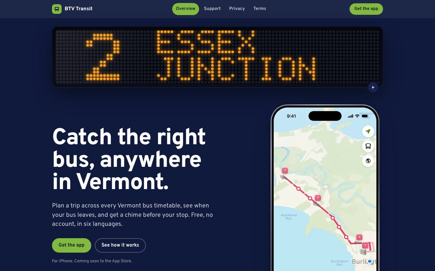 BTV Transit web page: an LED destination sign reading 2 Essex Junction above the headline Catch the right bus, anywhere in Vermont