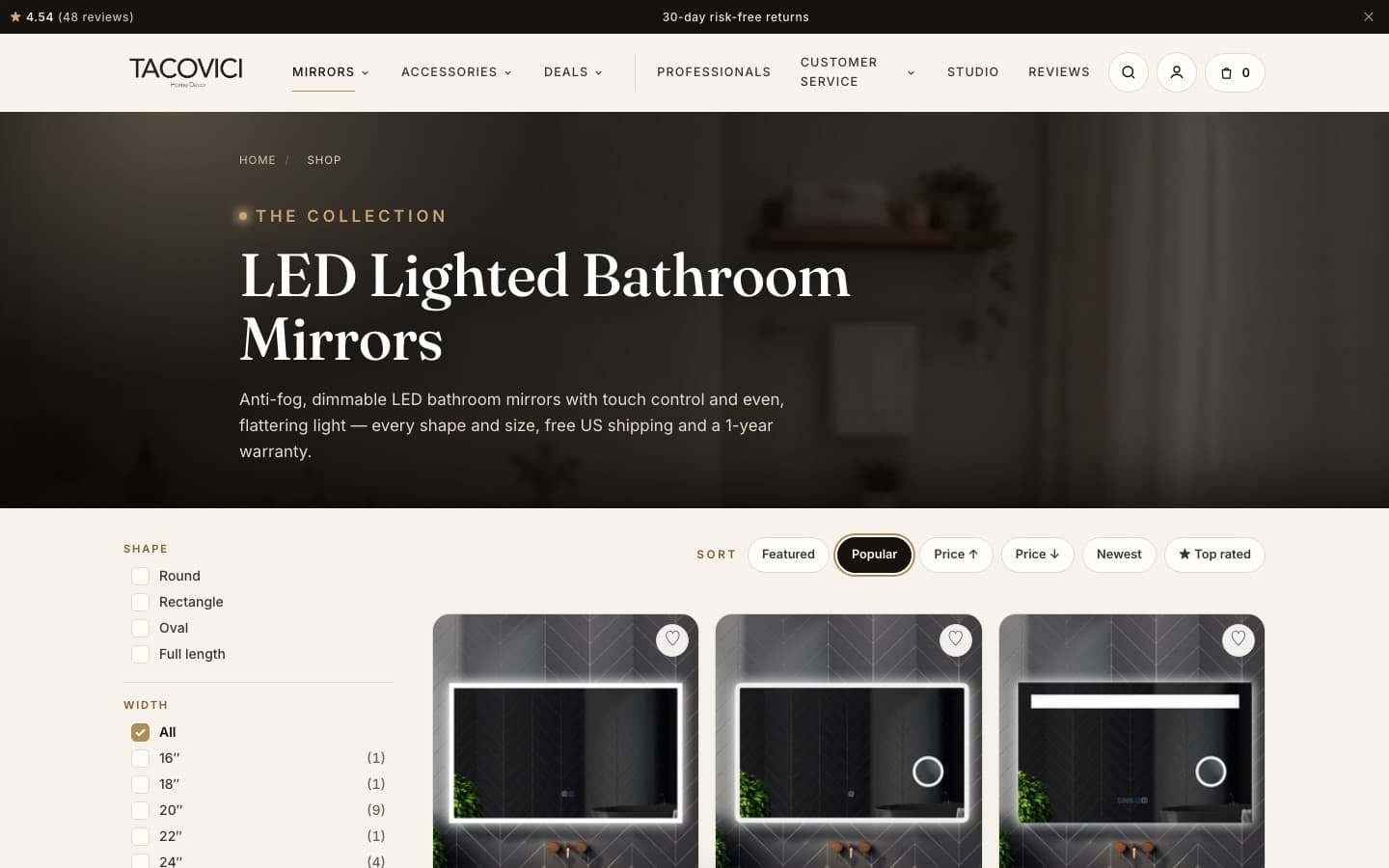 TACOVICI collection page for LED lighted bathroom mirrors, with shape and width filters on the left and sort buttons above lit mirror product cards