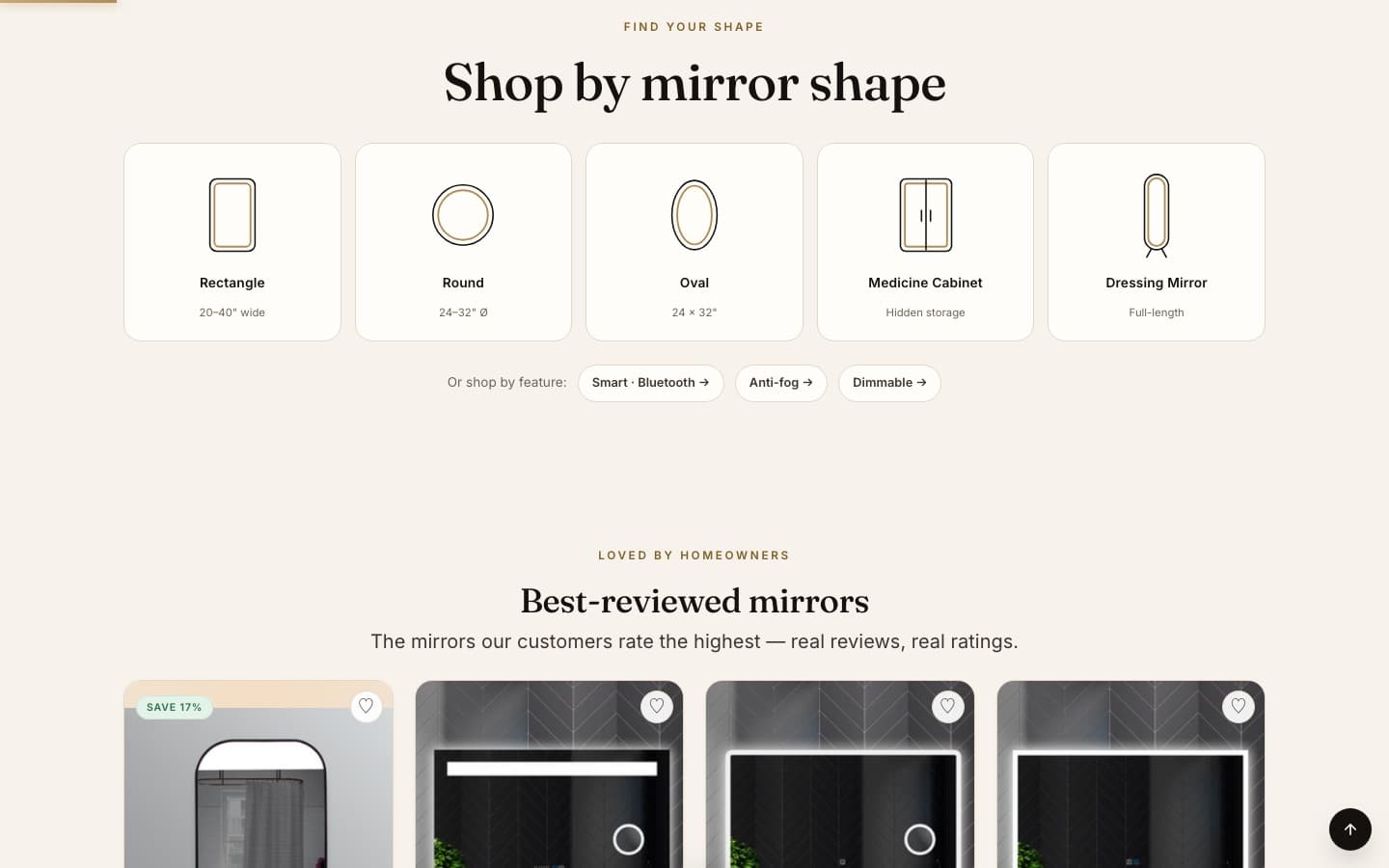 TACOVICI home page section: Shop by mirror shape, with line drawings of rectangle, round, oval, medicine cabinet and dressing mirrors, and links to shop by smart, anti-fog and dimmable