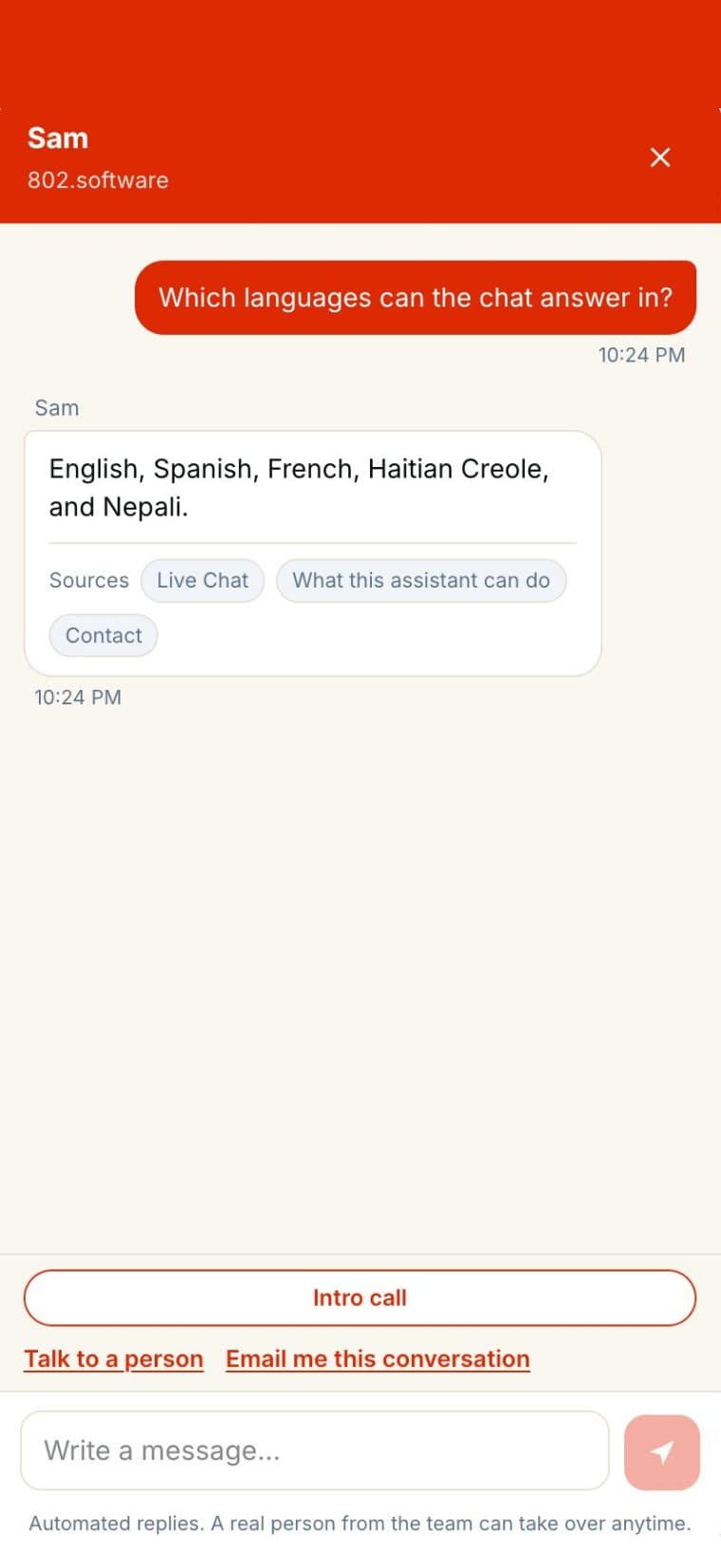 Live Chat open on a phone: asked which languages it answers in, it lists five and cites its sources
