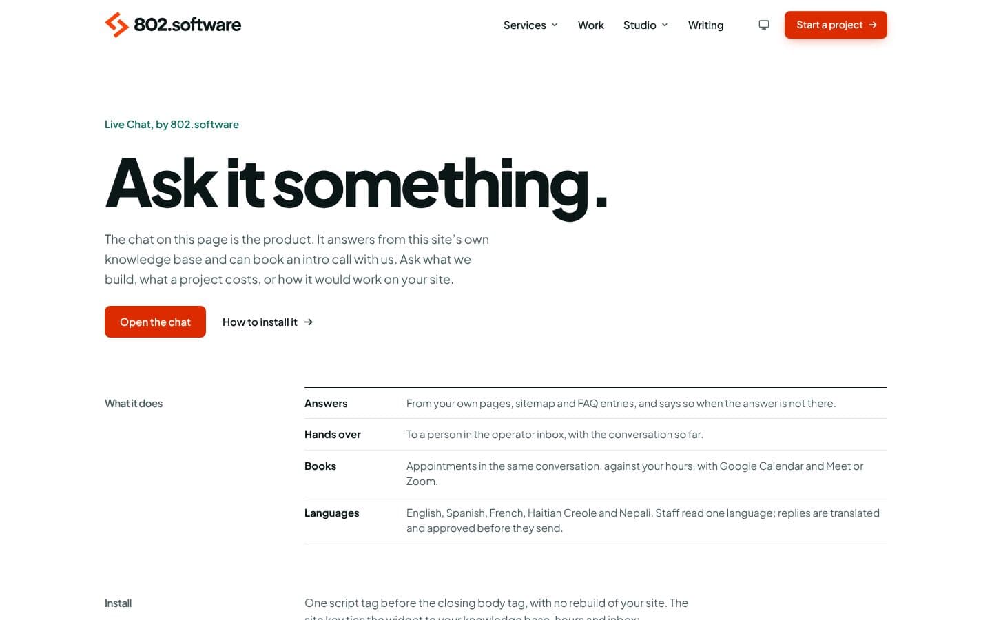 The Live Chat page on 802.software: Ask it something, with Open the chat and what the chat does