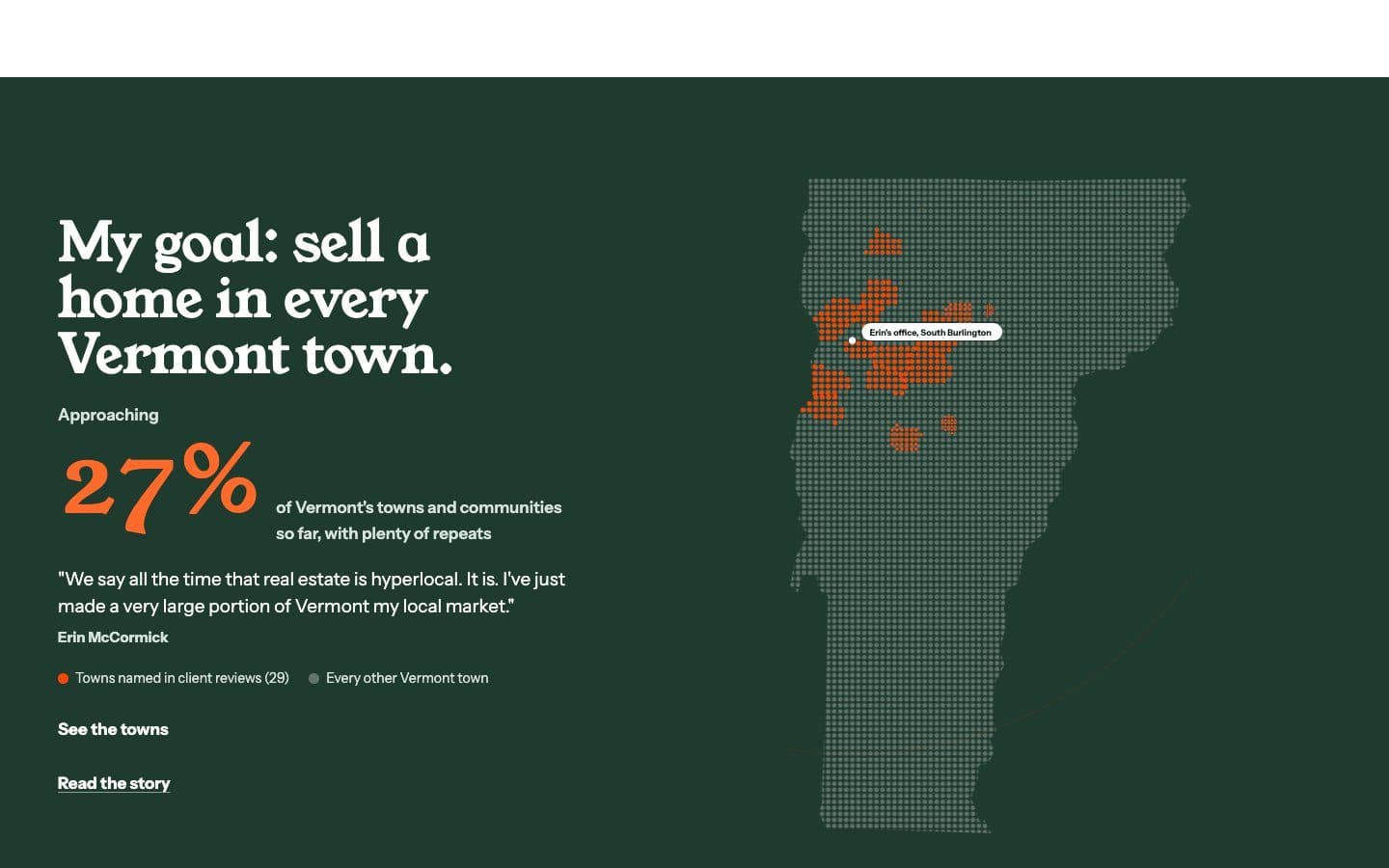 Live Local Vermont dot map of Vermont with the towns named in client reviews highlighted around South Burlington