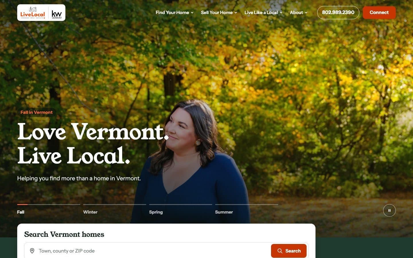 Live Local Vermont home page: Love Vermont. Live Local., over a fall photo of Erin McCormick, with a home search below
