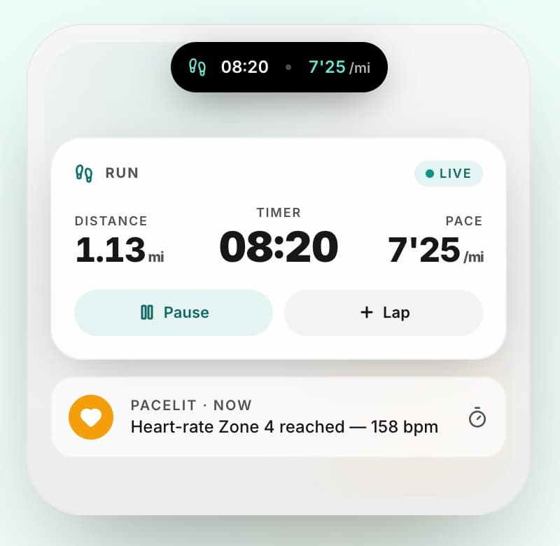Pacelit Live Activity on the lock screen: timer 08:20, 1.13 miles, 7’25 pace, with Pause and Lap buttons