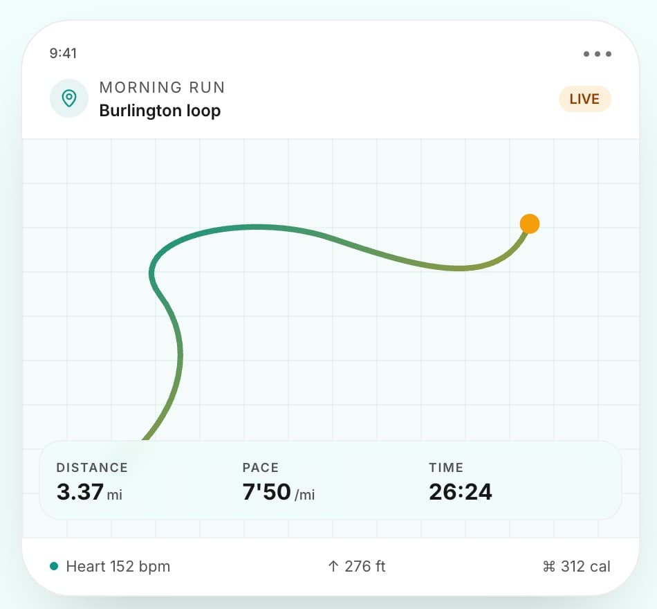 Pacelit run card: Burlington loop route, 3.37 miles at 7’50 pace in 26:24