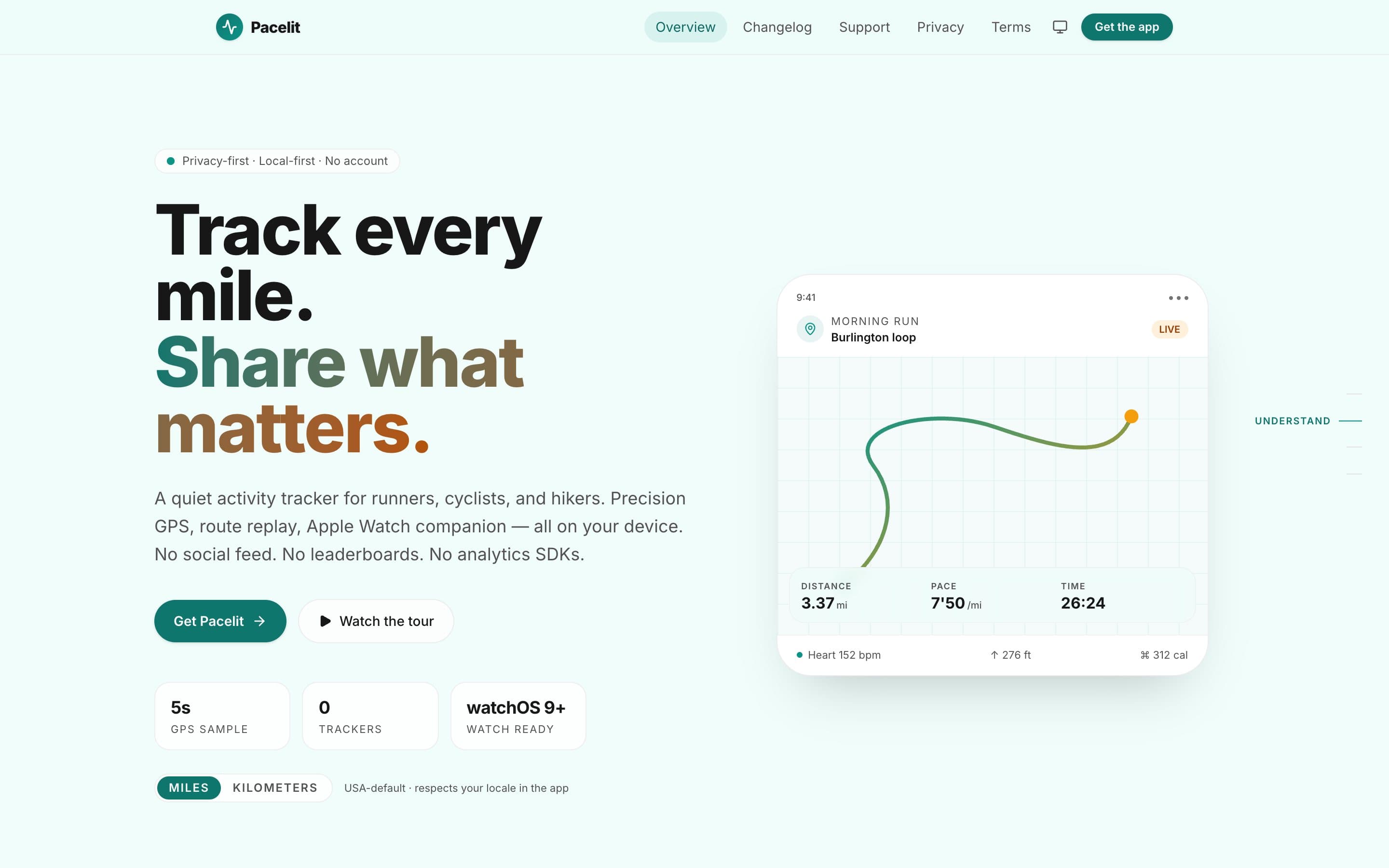 Pacelit web page: the headline Track every mile, share what matters, beside a morning run on the Burlington loop