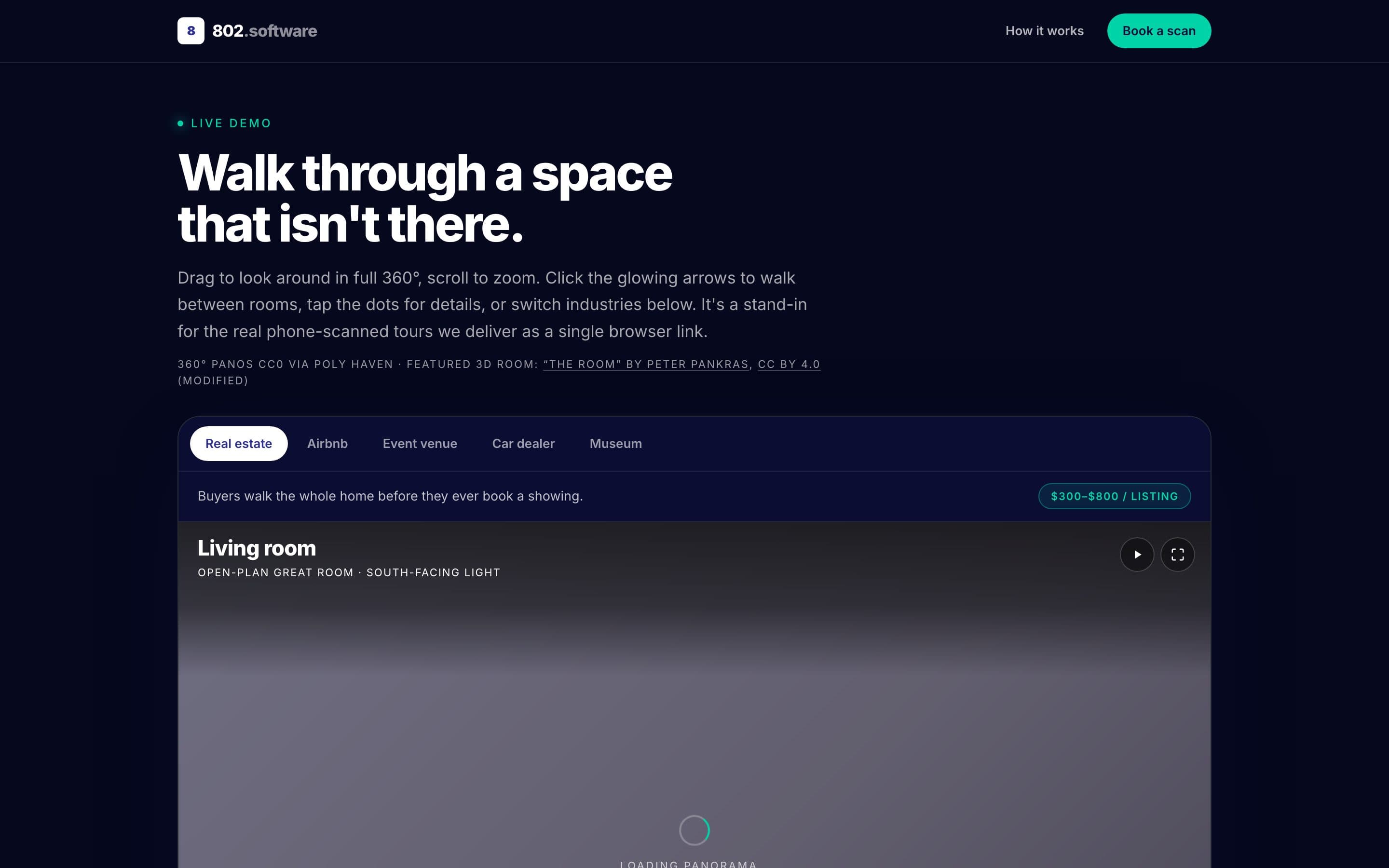 Spatial Tours demo: Walk through a space that isn’t there, with a sector switcher for real estate, Airbnb, venues, car dealers and museums