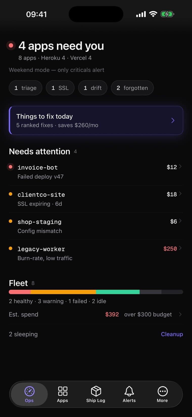 StackPilot Ops screen: 4 apps need you, with the apps that need attention listed first