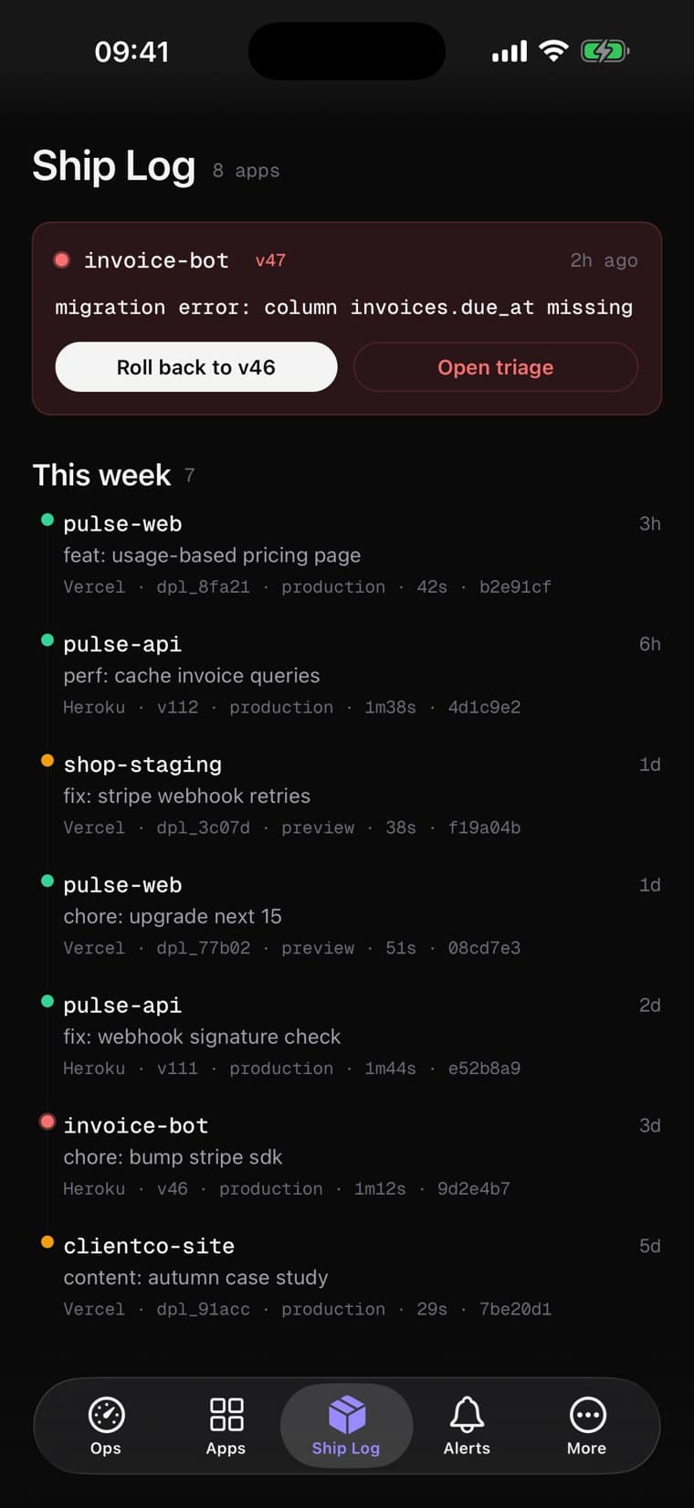 StackPilot Ship Log: invoice-bot v47 failed with a migration error and a Roll back to v46 button, then this week’s deploys