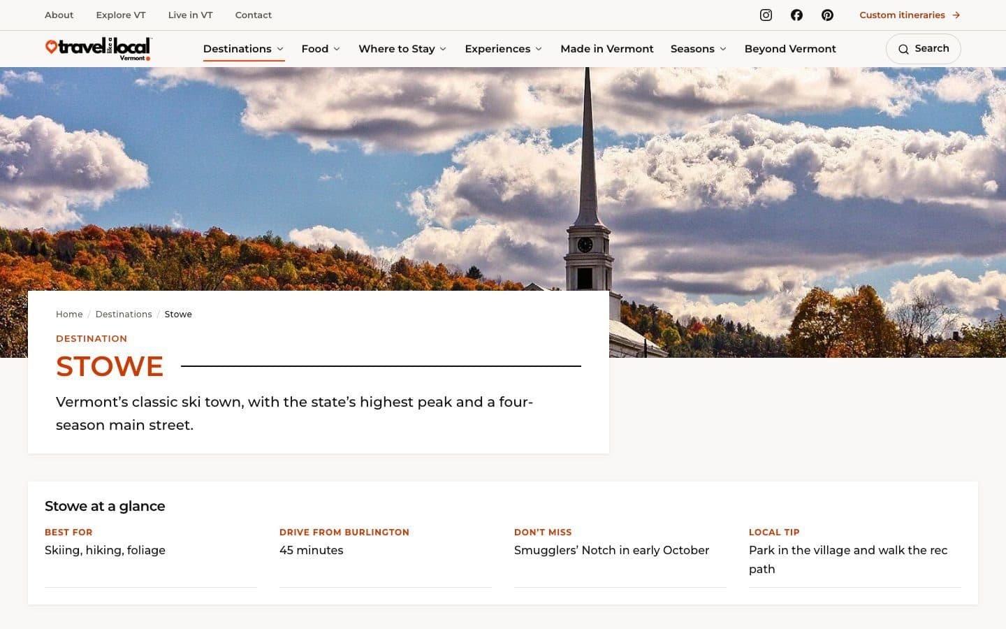 Travel Like a Local Vermont destination page for Stowe, with a Stowe at a glance panel: best for, drive from Burlington, don’t miss and a local tip