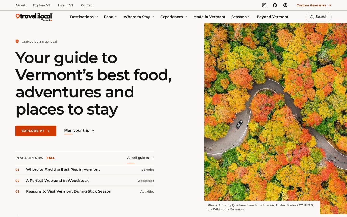 Travel Like a Local Vermont home page: Your guide to Vermont’s best food, adventures and places to stay, beside an aerial photo of a road through fall foliage