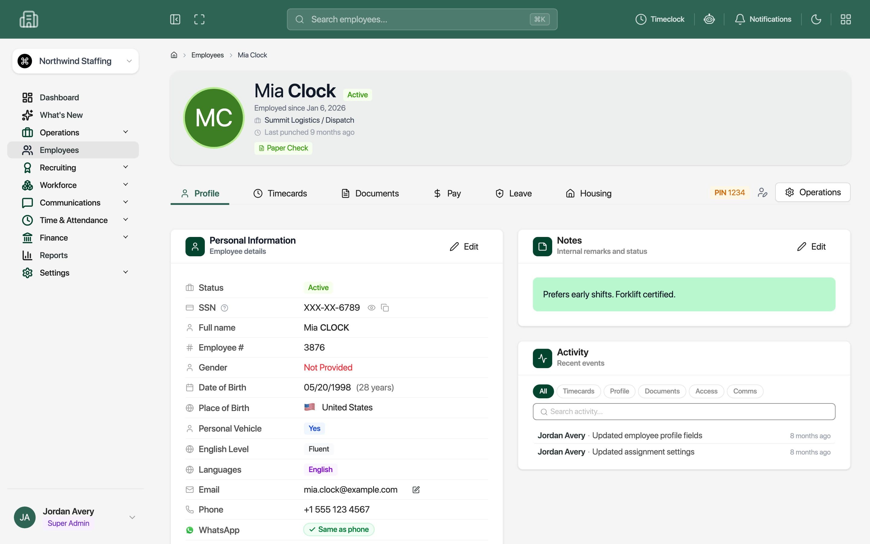 Worker profile with assignment summary, personal details with a masked Social Security number, internal notes and an activity feed (sample person)